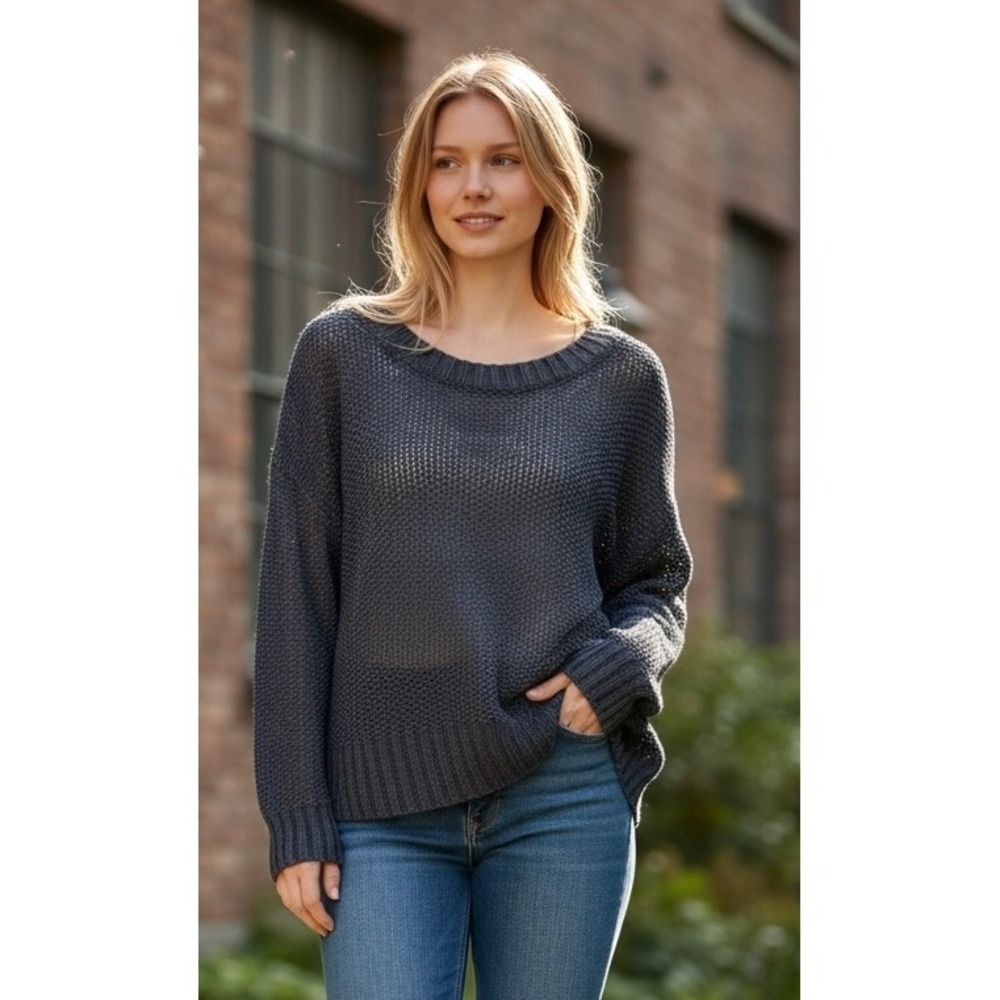 J. Crew Knit Linen Sweater Navy Blue Mesh Crew Neck Long Sleeve Size Medium